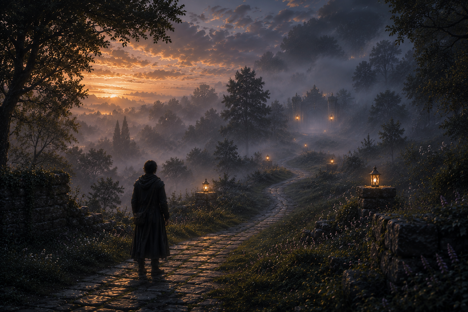 A misty path lit by lanterns