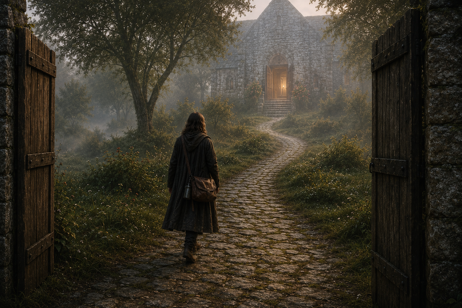 The Traveller walking through the gateway