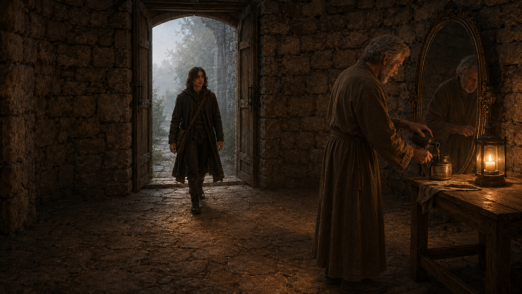 The Traveller stepping into the ancient sanctuary